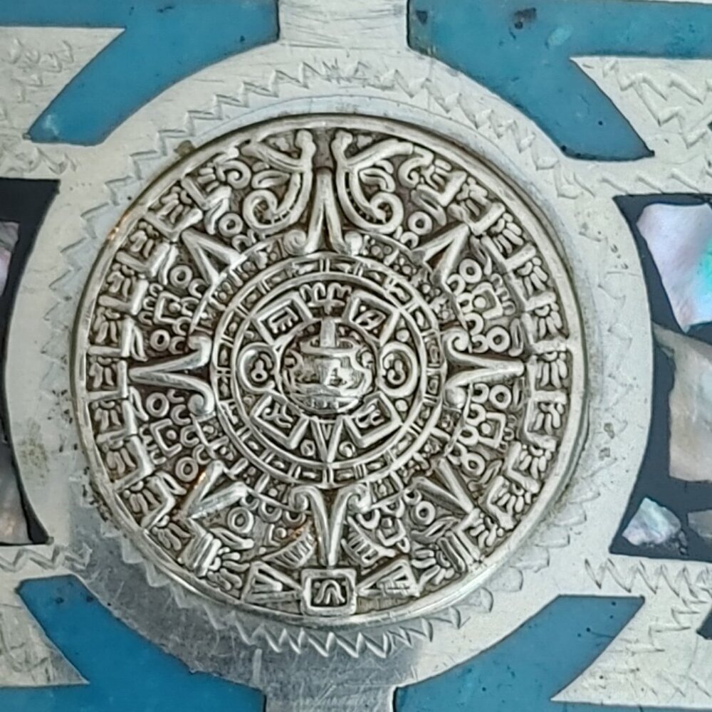 Vintage Aztec Sun Dial Belt Buckle – Silver with Blue Accents - Picture 2 of 7